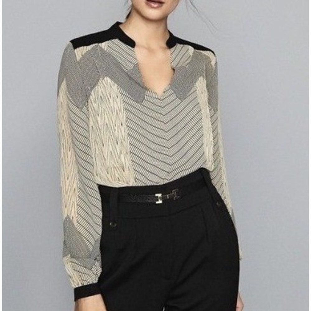 REISS Zanna Zig Zag Print Blouse US 2 XS Black Neutral Geometric Sheer NWT $255